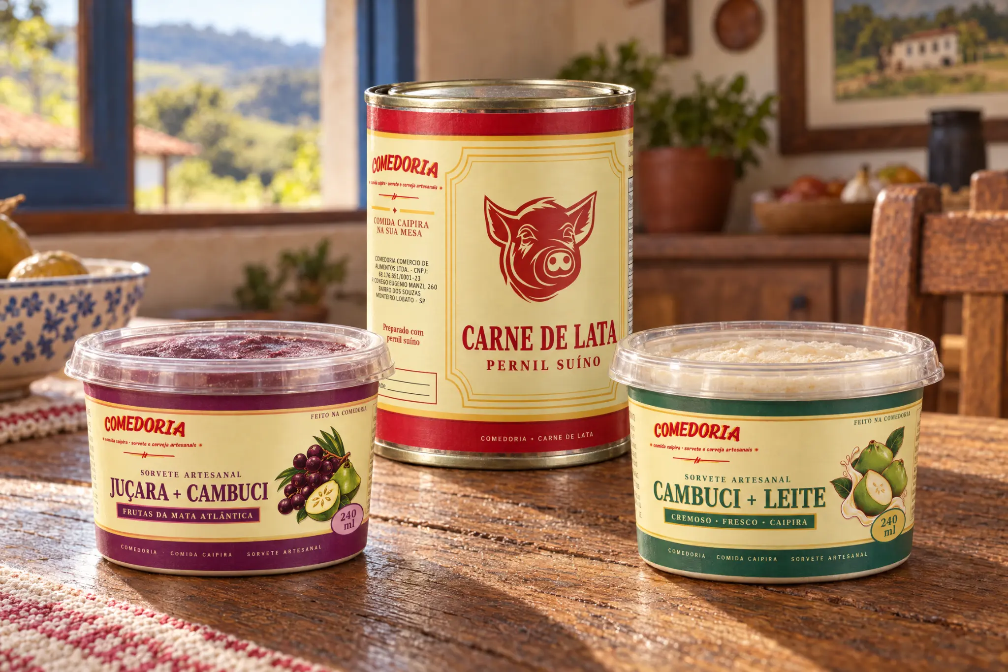 Packshot da linha Comedoria com produtos artesanais